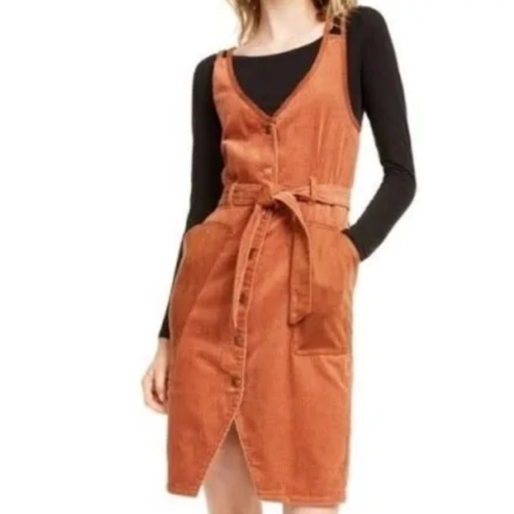 OAT New York Brown / Orange Soft Corduroy Button Down Mini Tank Dress Pockets XL - Picture 2 of 8